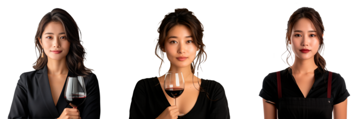A set of sommelier woman isolated on white or transparent background. Asian woman with black hair holding wine close-up. Sommelier woman dressed in black holding wine.