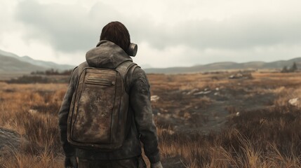 Weary survivor with gas mask walking through barren wasteland