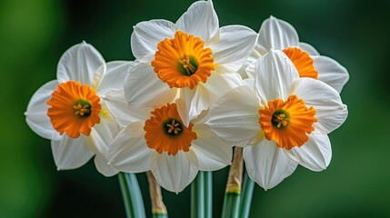 A bouquet of five white and orange daffodils with green stems, against a green background.