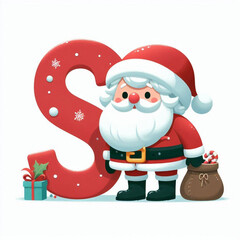 Christmas illustration, cartoon Santa Claus, giant red letter S, festive background, gift boxes, Santa's sack, snowy details, white beard, rosy cheeks, blue hat trim, starry accents, cute holiday char