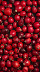 Close-up of ripe red rosehip berries. Top view. Generated AI