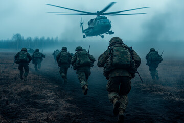 Soldiers Charging Forward During Combat Mission with Helicopter Support.