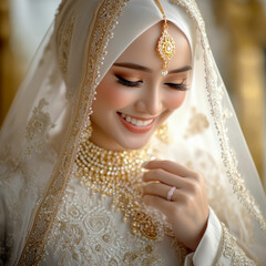 A joyful Muslim bride adjusts her headpiece in a beautifully decorated wedding venue