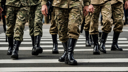 Fototapeta premium Soldiers marching across a crosswalk in uniform