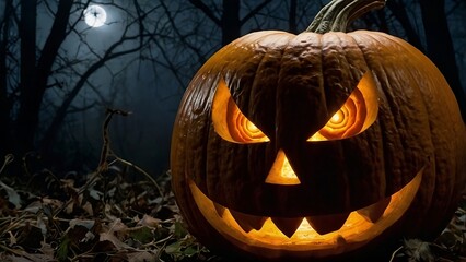 A close-up of a terrifying jack-o'-lantern&rsquo;s face, Generative AI