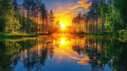 Obraz premium A breathtaking sunrise over a calm lake in a dense forest, with the sun reflecting off the water and casting long shadows through the trees.