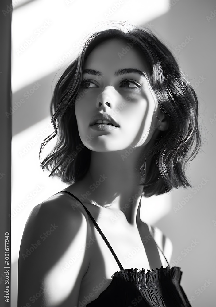 Canvas Prints Black and White Portrait of a Woman with Short Hair Looking Off to the Side in Soft Light