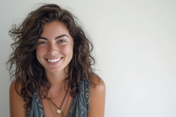 Fototapeta premium Smiling Woman with Curly Hair, Casual Portrait