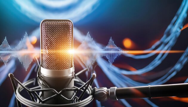 Voice and communication, featuring sound waves and a microphone symbolizing speech, expression, and vocal interaction. 