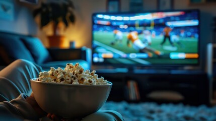 A bowl of popcorn is in the foreground, with a blurry television in the background showing a...