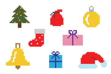 Fototapeta premium et of vector pixel objects. Christmas Icon for a Pixel Game, Holiday Cards or Festive Scrapbooking Elements.