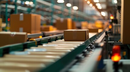 A cardboard box moves on a conveyor belt in a warehouse, showcasing an automated industrial process.