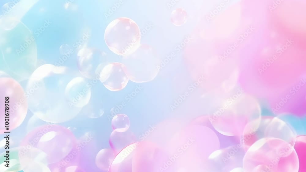 Poster multitude of rainbow colored soap bubbles are floating on a light pastel colored background, creatin