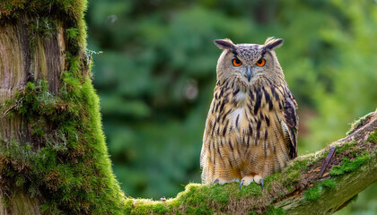 A Wise Owl Perched on Tree in a Lush Garden and Copy Space