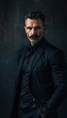 Fototapeta premium Dramatic Portrait of a Man with a Sculpted Mustache in Black Suit Against Dark Moody Backdrop