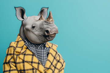 Creative animal concept. Rhinoceros in glam fashionable couture high end outfits isolated on bright background advertisement, copy space. birthday party invite invitation banner