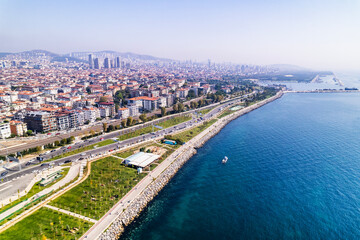 Bostanci District in Kadikoy. Istanbul, Turkey. Beautiful aerial view with drone shot.