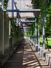 a recreation area in the shade - a wooden boardwalk in a park in the city