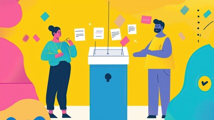 Vibrant, modern illustration of people voting, capturing the essence of democracy and civic duty in a bold, minimalist style