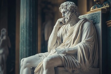 Marble Statue a stoic philosopher sitting on a throne thinking
