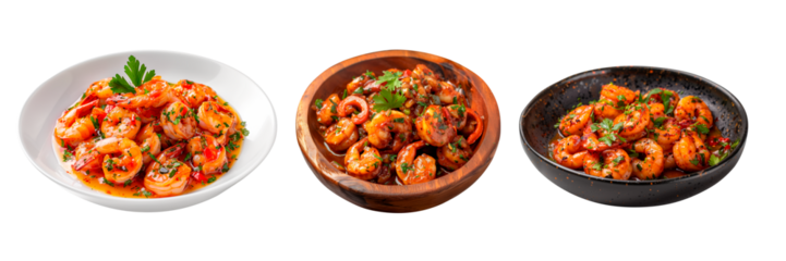 Set of garlic shrimp isolated on white or transparent background. Close-up of Garlic Shrimp in a black, white and wooden plate. Traditional spanish dish. Side view.