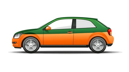Fototapeta premium Green and Orange Small Car Side View Isolated on White