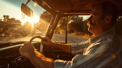 Man with Thick Mustache Driving Classic Car on Scenic Highway - Vintage, Adventure Vibes for Print, Poster, Card