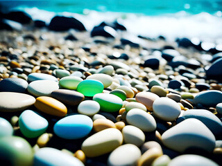 Obraz premium Vibrant, smooth pebbles of various colors lie on a scenic beach by the ocean. The sunny landscape and calm waters create a serene atmosphere.