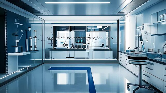 Futuristic high-tech laboratory with advanced robotic equipment, clean surfaces, and innovative technology systems.