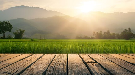 Empty wooden table with rice field and mountain background. For product display