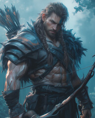 Obraz premium rugged barbarian archer amidst snowfall aims with precision in frosty terrain