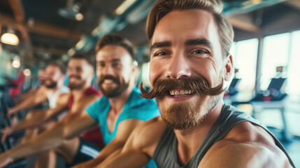 Fototapeta premium Group Workout Session in Modern Gym Promoting Movember Mustaches and Fitness Camaraderie