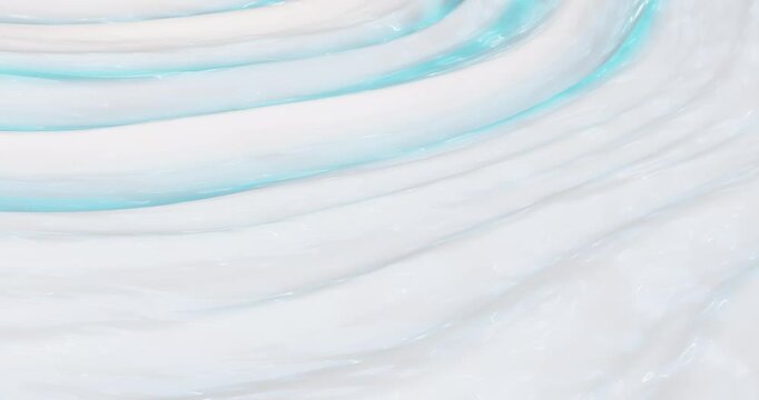 3D animated background with cream ripples mixed with blue. The idea behind this is to combine the concepts of regeneration and purification in liquid and gel-like cosmetics, such as collagen serum, hy