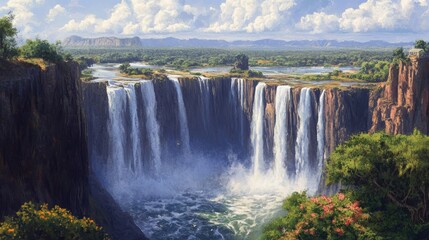 Naklejka premium A breathtaking view of Victoria Falls, a natural wonder with cascading water plunging over a cliff, surrounded by lush green vegetation and a blue sky with fluffy clouds.