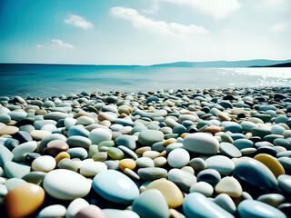 Obraz premium Vibrant, smooth pebbles of various colors lie on a scenic beach by the ocean. The sunny landscape and calm waters create a serene atmosphere.