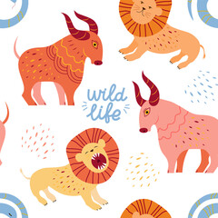 Rams, snakes and lions isolated on a white background. Seamless vector pattern.
