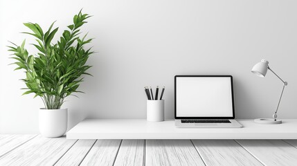 Fototapeta premium Minimalist Desk with Laptop, Lamp, Potted Plant, and Pencils on White Surface