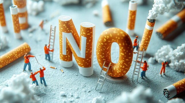 A creative depiction of miniature figures engaging with oversized NO letters made of cigarettes, symbolizing an anti-smoking message, Ideal for campaigns, health awareness, and educational materials,