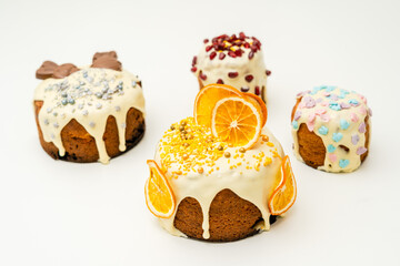 Traditional easter cake with fruits and painted colored eggs. Easter baking. Spring holiday.