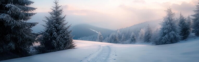 Snow-covered trail winding through a frosty forest at dawn, with trees shrouded in frost and a soft mist rising in the distance. Wide web banner.
