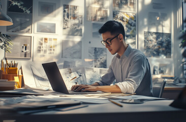 A professional photo of a man sitting at his desk in front of a laptop, wearing a shirt. 