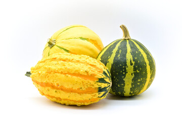 Few tiny pumpkins of different varieties on a white background