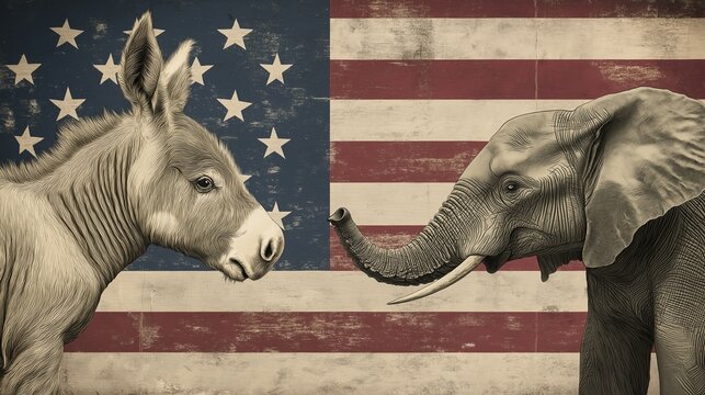Donkey and elephant face off with american flag, symbolizing political parties. Ideal for politics, elections, and bipartisan concepts