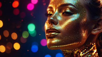 Close-up of a glamorous woman with stunning gold glitter makeup on her face, surrounded by vibrant bokeh lights in the background.