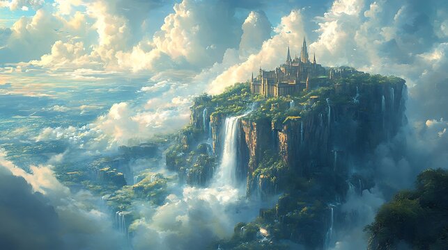 Fantasy Sky City with Waterfall and Clouds, Digital Painting