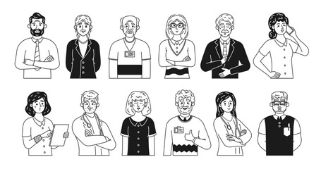 Collection Of Doodle Characters Showcasing Diverse Business And Medical Professionals In Black And White, Vector