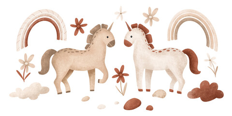 Cartoon animals and rainbow for children's design . Hand drawn set of illustration of cute horse or unicorn on isolated background. Minimalist scandinavian style flowers and stones and clouds.