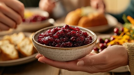 Hand holding a bowl of cranberry sauce on a festive table.