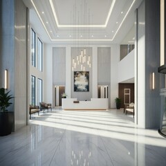 Fototapeta premium A bright office lobby with white marble floors, a glass entrance, and modern furniture, offering an elegant and spacious welcome.