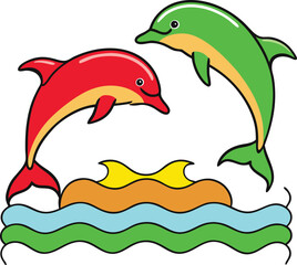 Joyful Dolphins Performing Acrobatic Jumps Against a Sunny Sky
